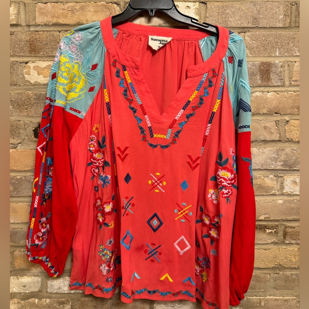 Savanna jane embroidered top XL Floral Pink Blue Aztec Longsleeve